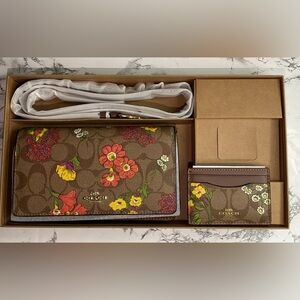 Coach Gift Box Set Floral Brown Clutch Back Card Case New